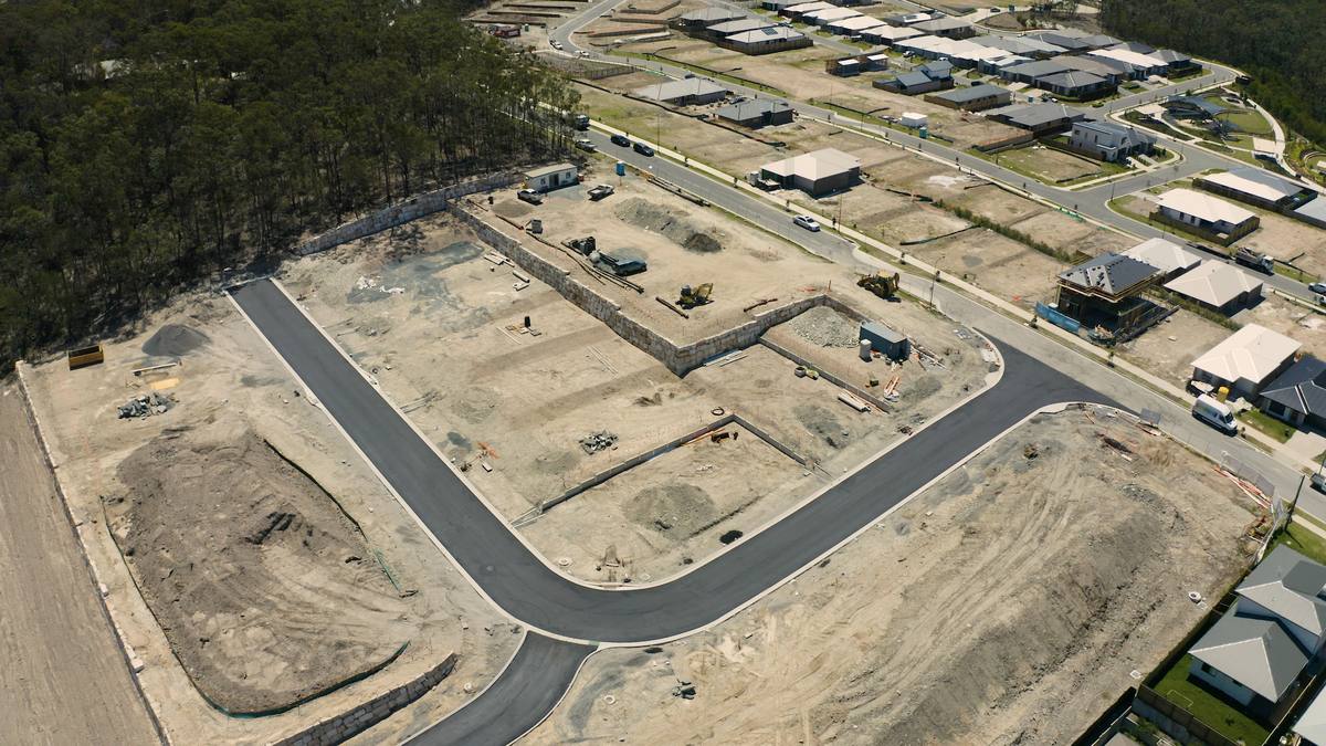 Aerial of new roads and benched lots at Holmview Estate