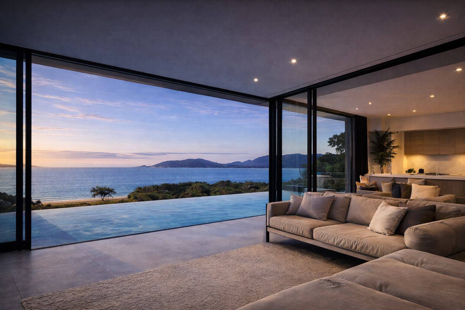 Concept home: living room opening onto a pool terrace at dusk